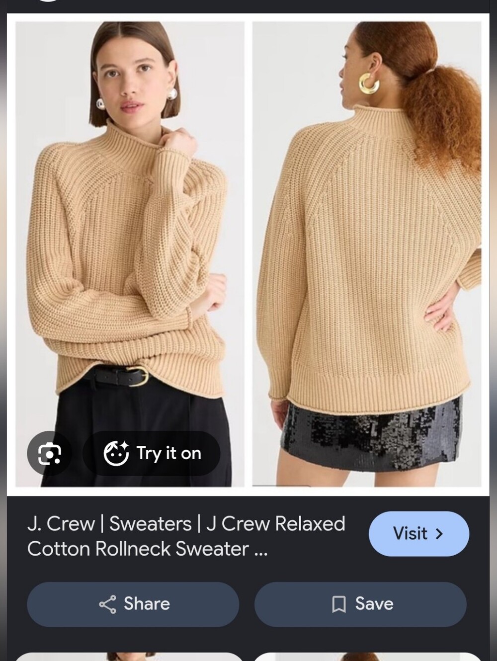 J. Crew Relaxed Rollneck Sweater in Camel, 100% Cotton, P2P 20